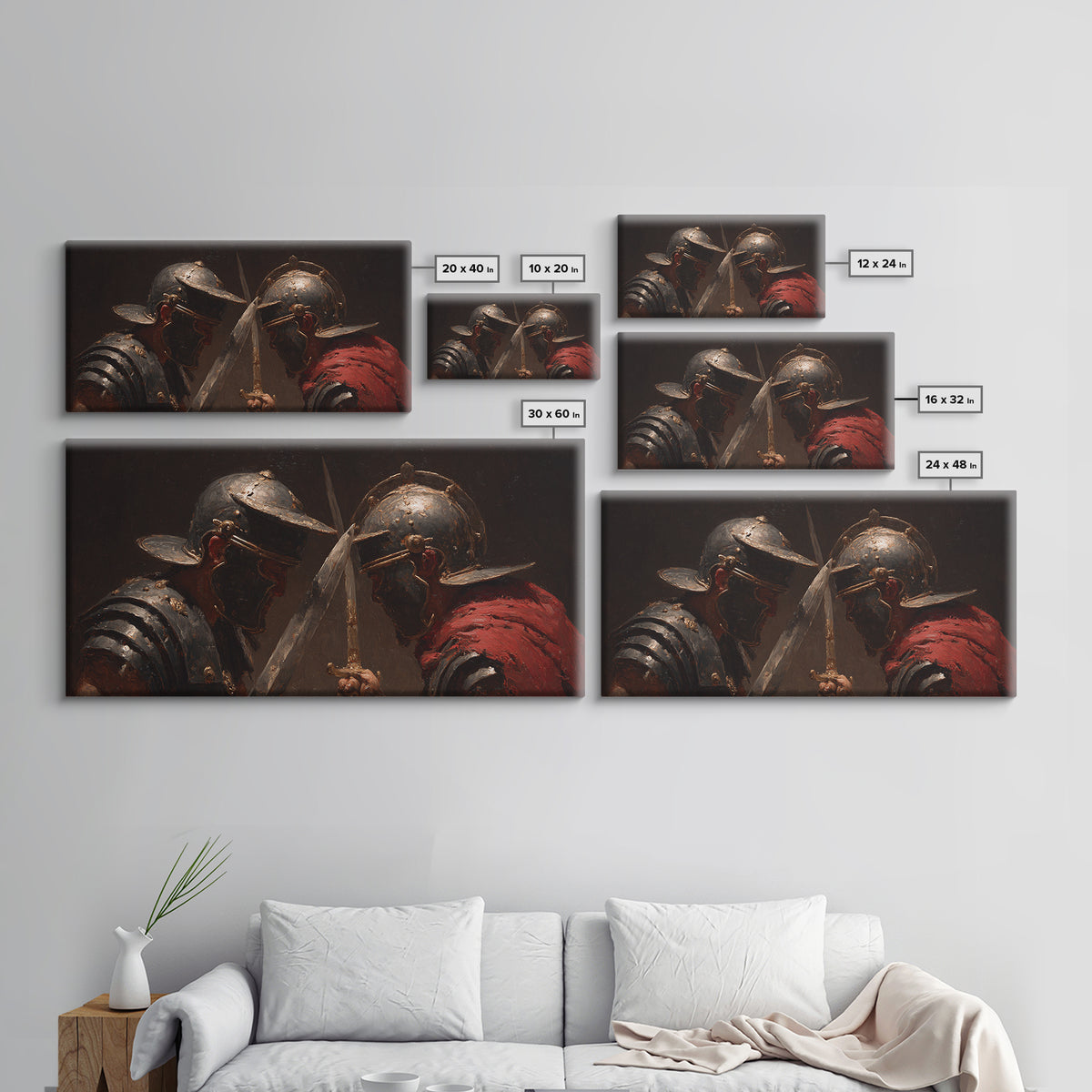 Close Combat Helmeted Knights Crossing Swords Framed Canvas Print, Medieval Duel Wall Art, Dark Academia Office Decor Gift