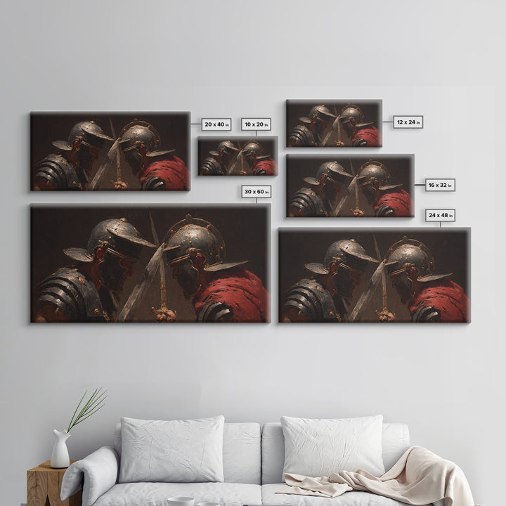 Close Combat Helmeted Knights Crossing Swords Framed Canvas Print, Medieval Duel Wall Art, Dark Academia Office Decor Gift