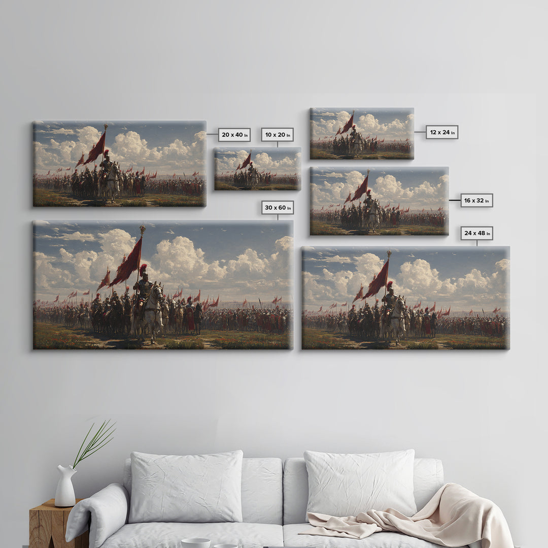 Mounted Knight Army With Red Banner Framed Canvas Print, Medieval Battle Wall Decor, Historical Art, Living Room Decor, Statement Artwork