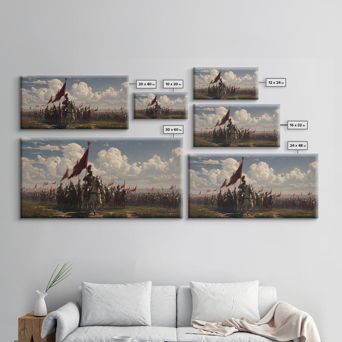 Mounted Knight Army With Red Banner Framed Canvas Print, Medieval Battle Wall Decor, Historical Art, Living Room Decor, Statement Artwork