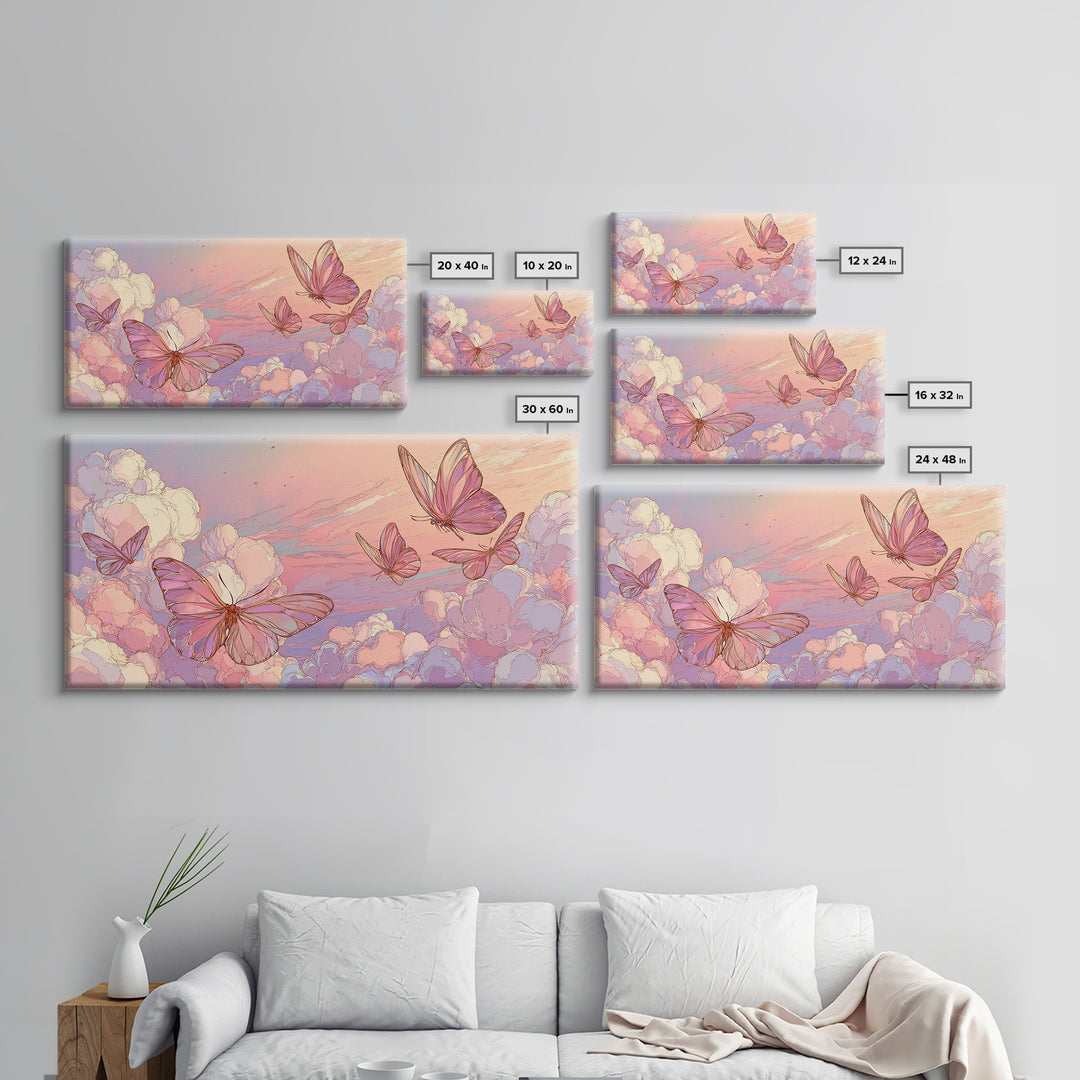 Pastel Butterfly Clouds Wall Art, Dreamy Pink Sky Illustration, Whimsical Nursery Decor, Celestial Bedroom Print For Girls Room