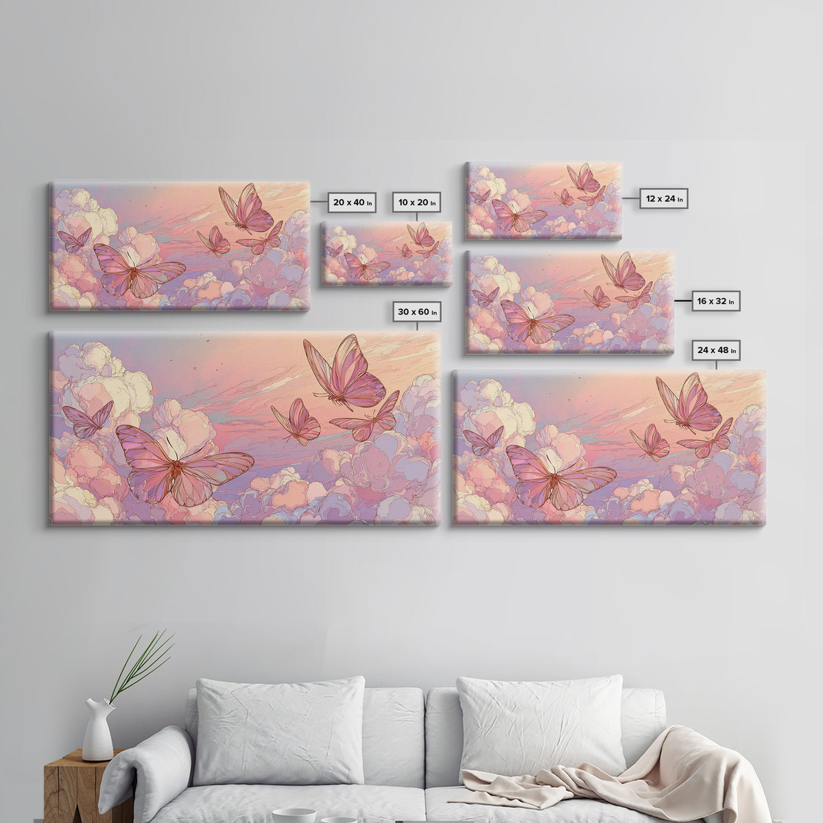 Pastel Butterfly Clouds Wall Art, Dreamy Pink Sky Illustration, Whimsical Nursery Decor, Celestial Bedroom Print For Girls Room