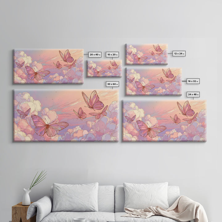 Pastel Butterfly Clouds Wall Art, Dreamy Pink Sky Illustration, Whimsical Nursery Decor, Celestial Bedroom Print For Girls Room