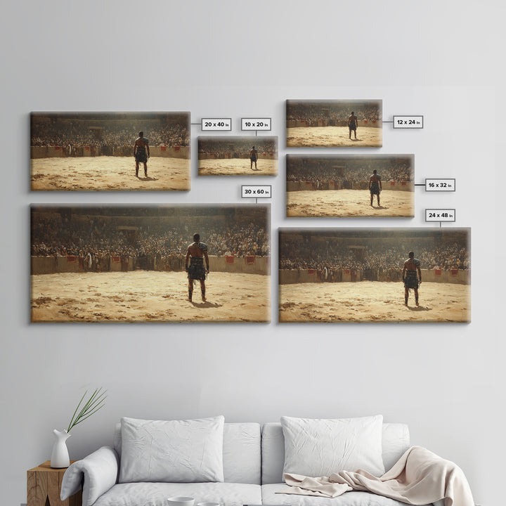 Gladiator Facing Roaring Arena Wall Art, Ancient Rome Warrior Canvas Decor, Historical Battle Painting For Man Cave Decor