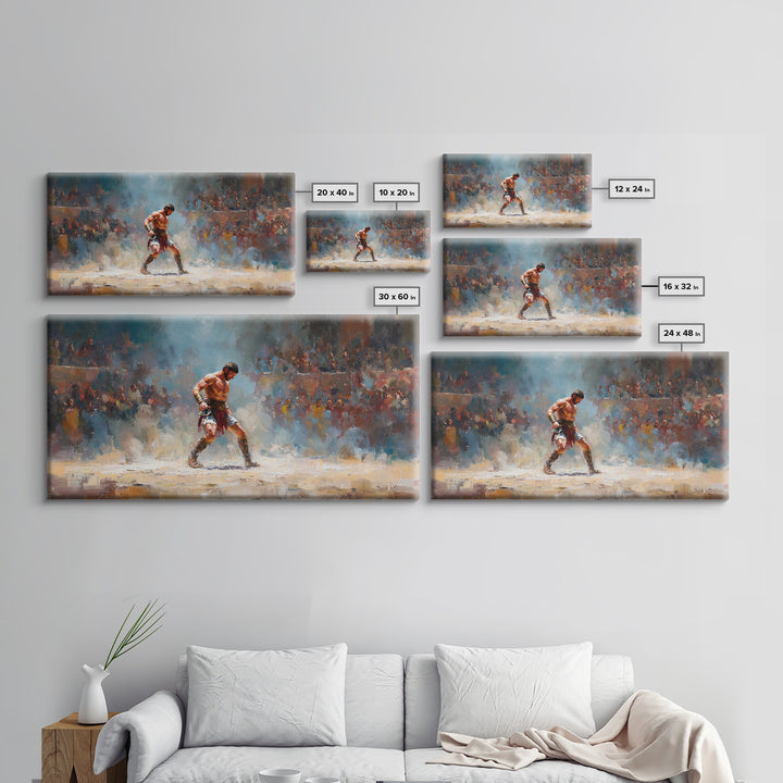 Boxer In Spotlight Arena Wall Art Sports Oil Painting, Boxing Champion Canvas Print, Masculine Man Cave Decor Gift For Him