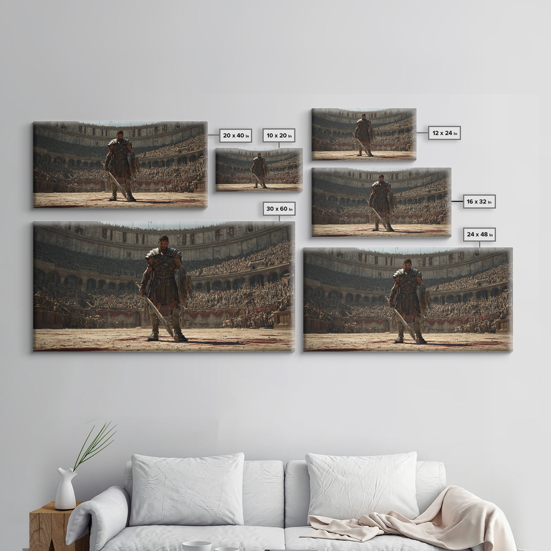 Majestic Gladiator In Arena With Sword And Shield Large Wall Art Framed Canvas Print For Man Cave Decor And Historical Art Prints