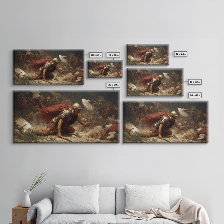 Fallen Roman Soldier In Chaotic Battle Framed Canvas Print, Classical War Wall Decor, Baroque History Art, Dark Academia