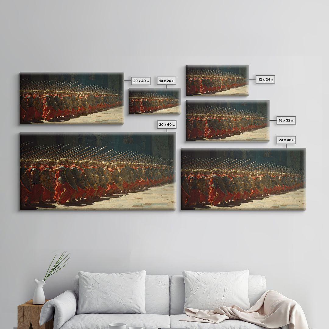 Ancient Phalanx Soldiers With Spears Framed Canvas Print, Greek Warrior Wall Art, Classical Battle Decor For Study And Office