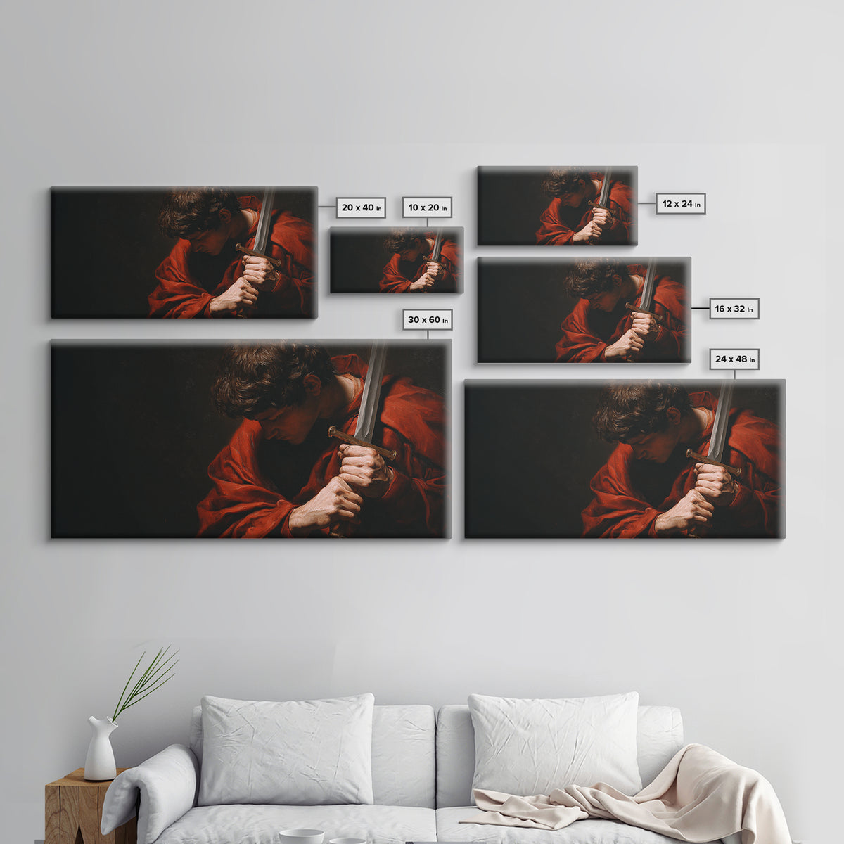 Red Cloaked Swordsman In Shadow Framed Canvas Print, Medieval Portrait Wall Art, Dark Academia Office Decor, Gift For Him
