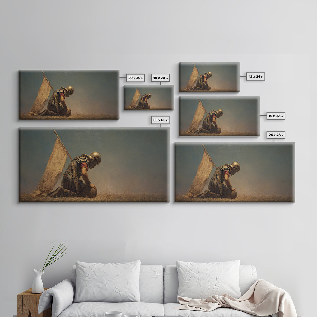 Kneeling Ancient Soldier Beside Tent Canvas Print, Historical Warrior Wall Art, Desert Battlefield Decor, Masculine Gift For Him