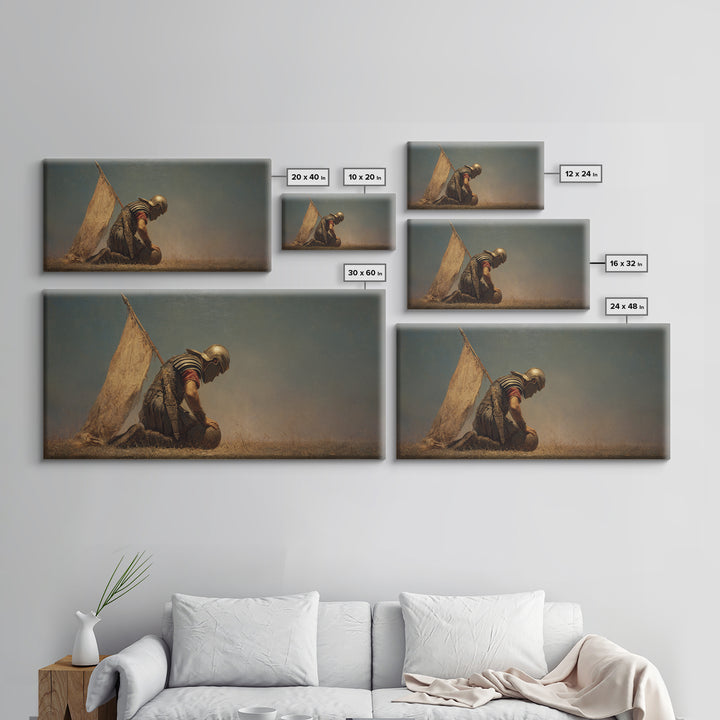 Kneeling Ancient Soldier Beside Tent Canvas Print, Historical Warrior Wall Art, Desert Battlefield Decor, Masculine Gift For Him