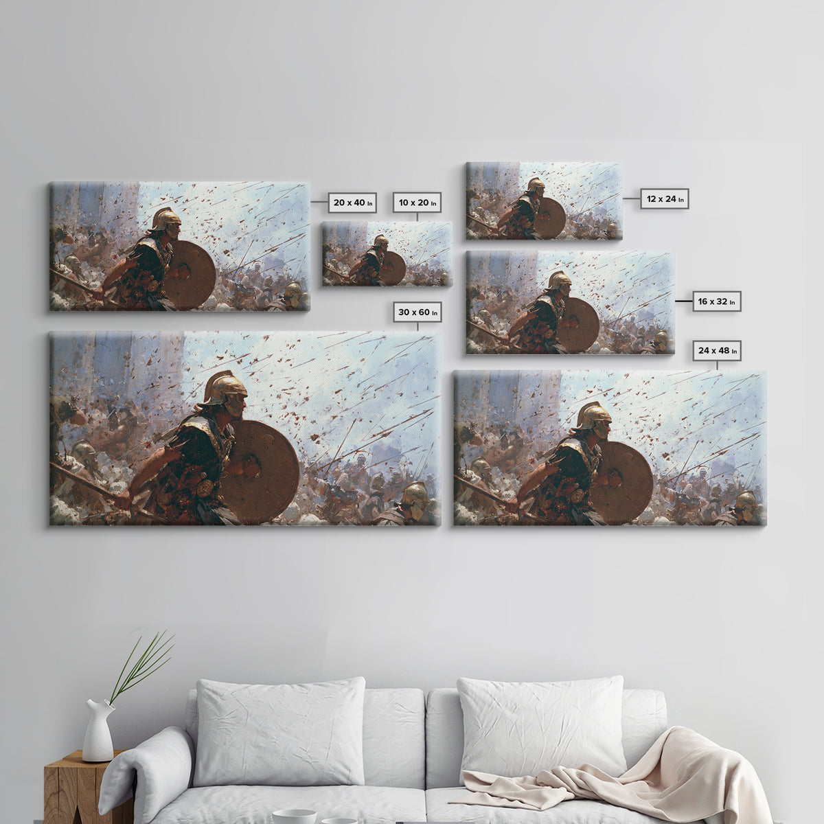 Ancient Shield Bearer Charging Through Arrows Wall Art, Roman Battle Painting, Historical Warrior Living Room Decor Gift For Him