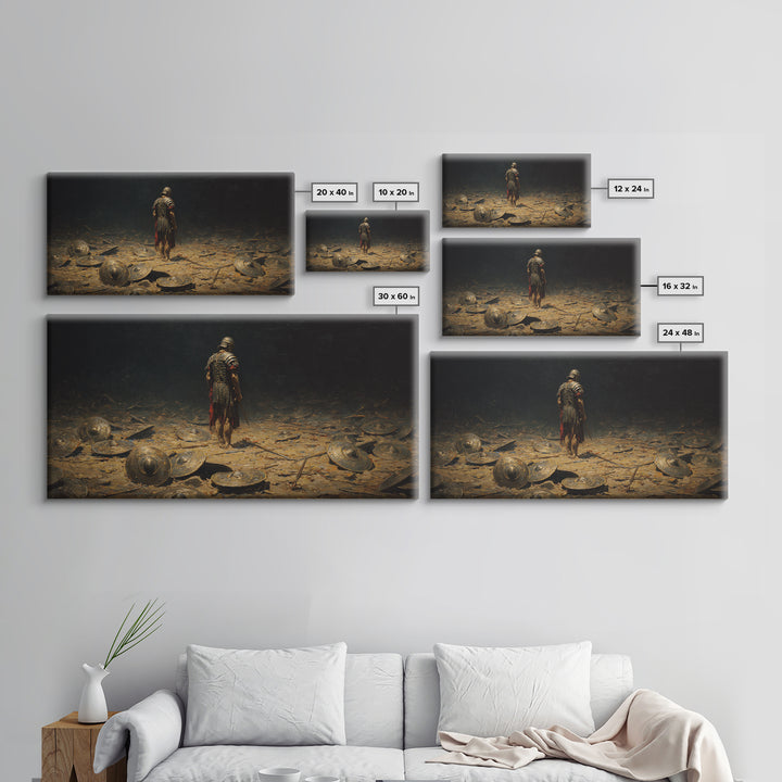 Lone Roman Warrior On Battlefield Framed Canvas Print, Dark Historical Wall Art, Moody Ancient Decor, Masculine Office Art