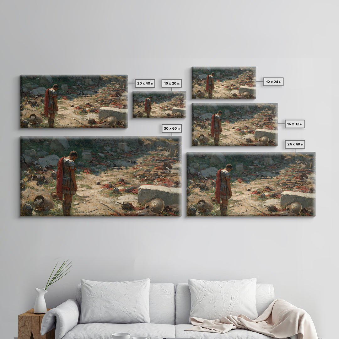 Roman Soldier After Battle Wall Art, Ancient Warrior Canvas Painting, Historical Ruins Decor, Moody Office Art Gift For Him