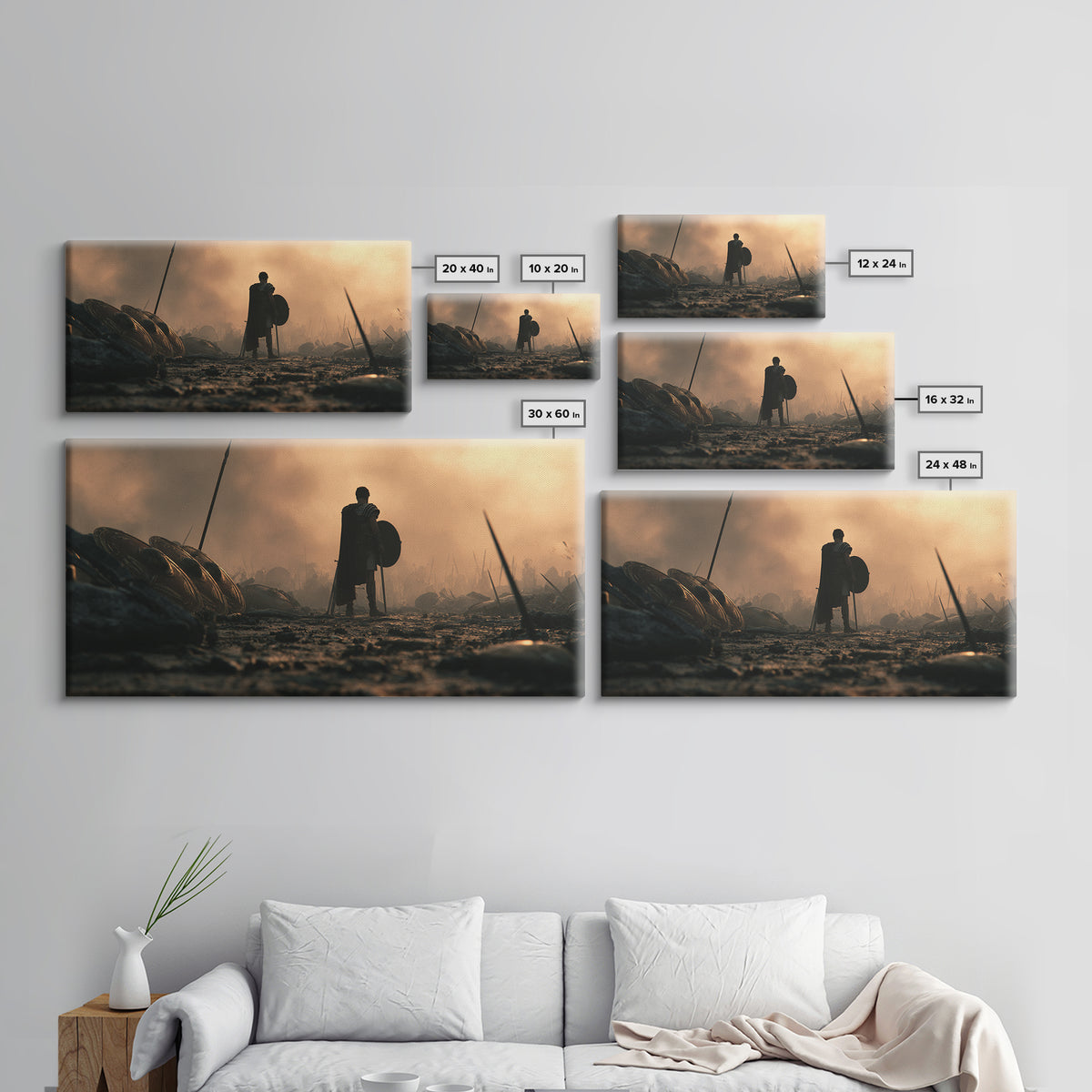 Lonely Spartan Warrior On Smoky Battlefield Canvas Print, Ancient Greek Wall Art, Masculine Office Decor, Gift For Him Poster