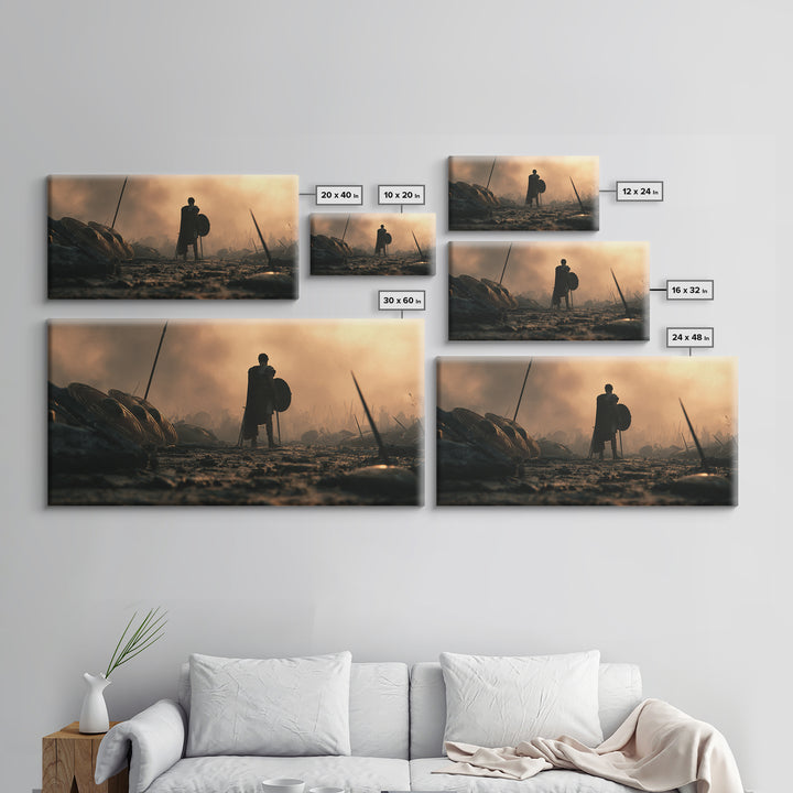 Lonely Spartan Warrior On Smoky Battlefield Canvas Print, Ancient Greek Wall Art, Masculine Office Decor, Gift For Him Poster