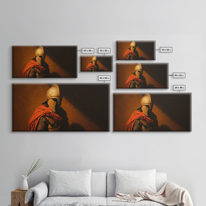 Ancient Helmeted Warrior In Red Cloak Canvas Print, Spartan Wall Art, Dark Academia Decor, Masculine Office Gift For Him
