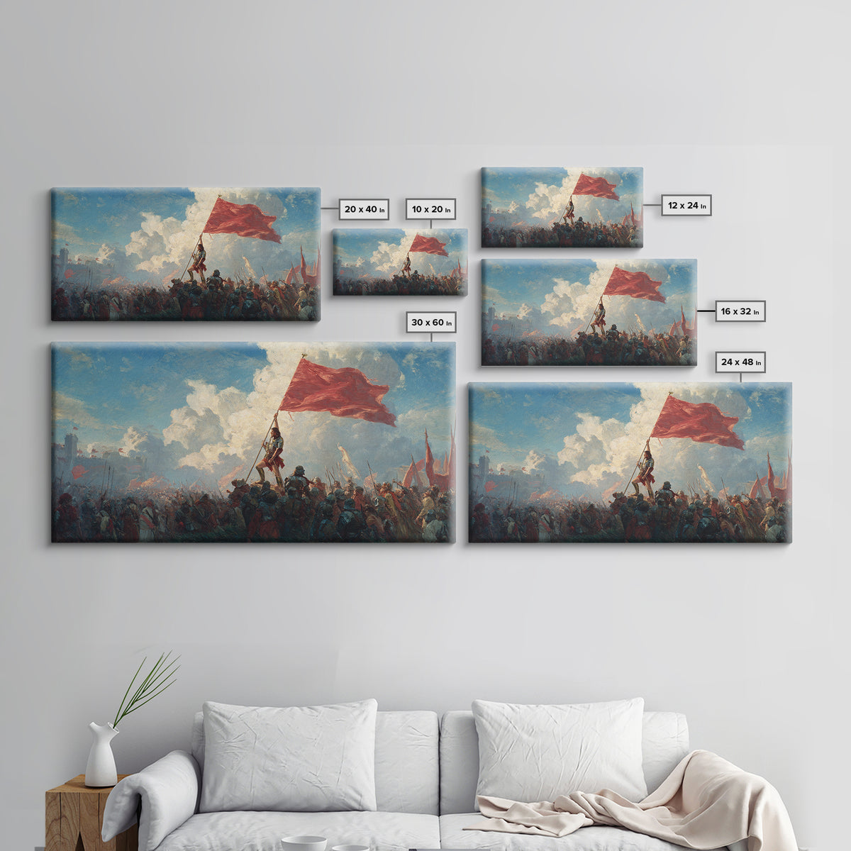Epic Red Flag Battle Scene Wall Art, Historical Warrior Canvas, Dramatic Army Painting, Large Living Room Decor Gift For Him