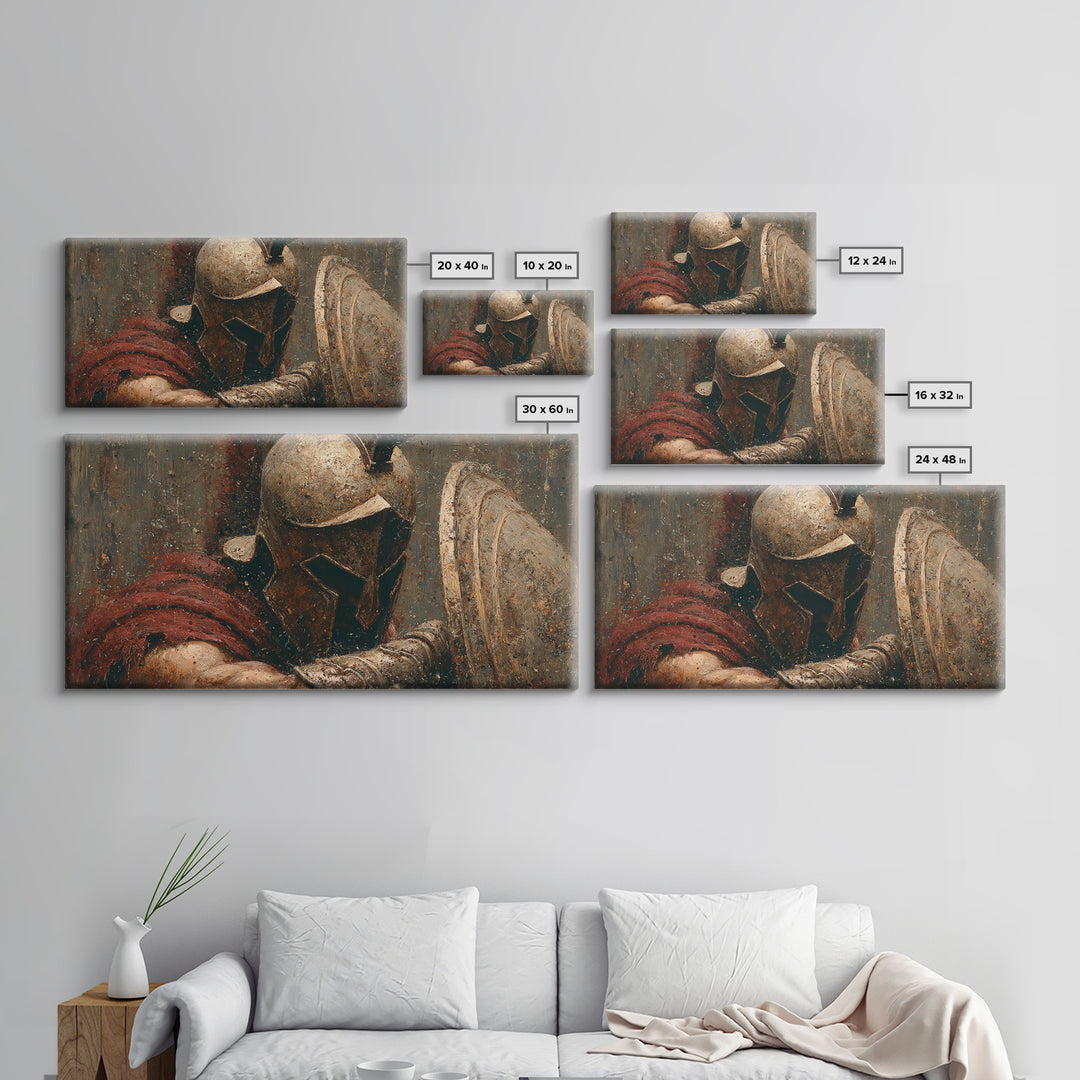 Bronze Helmet And Shield Warrior Framed Canvas Print, Ancient Battle Wall Art, Textured Painting, Gift For Him, Masculine Office Decor