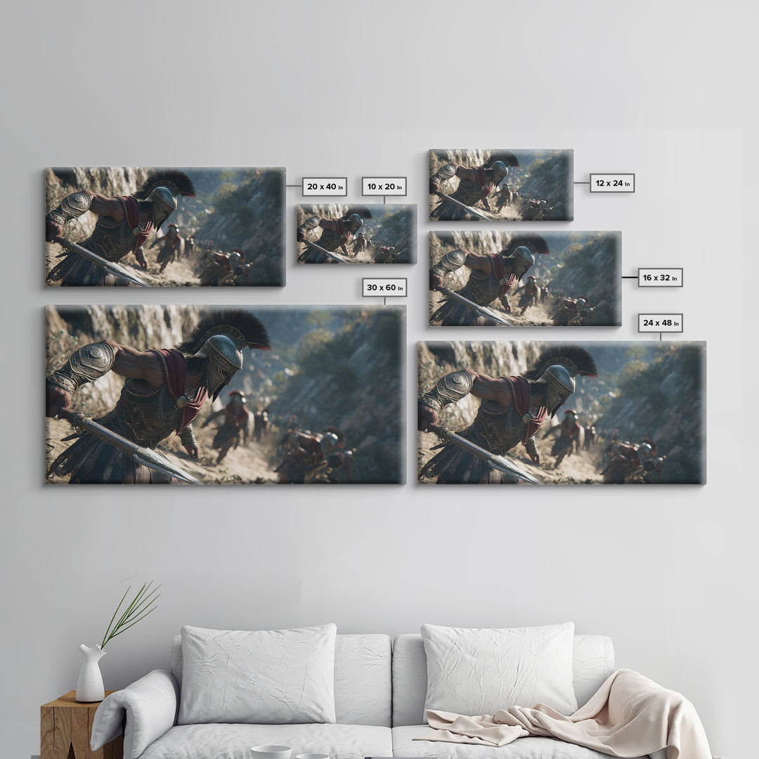 Spartan Warrior Sprinting Through Mountain Pass Wall Art, Ancient Greek Canvas Print, Battle Scene Decor, Masculine Office Poster
