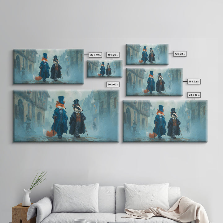 Dapper Fox And Badger In Foggy Village Canvas Print, Whimsical Animal Wall Art, Storybook Nursery Decor Gift, Kids Room Art