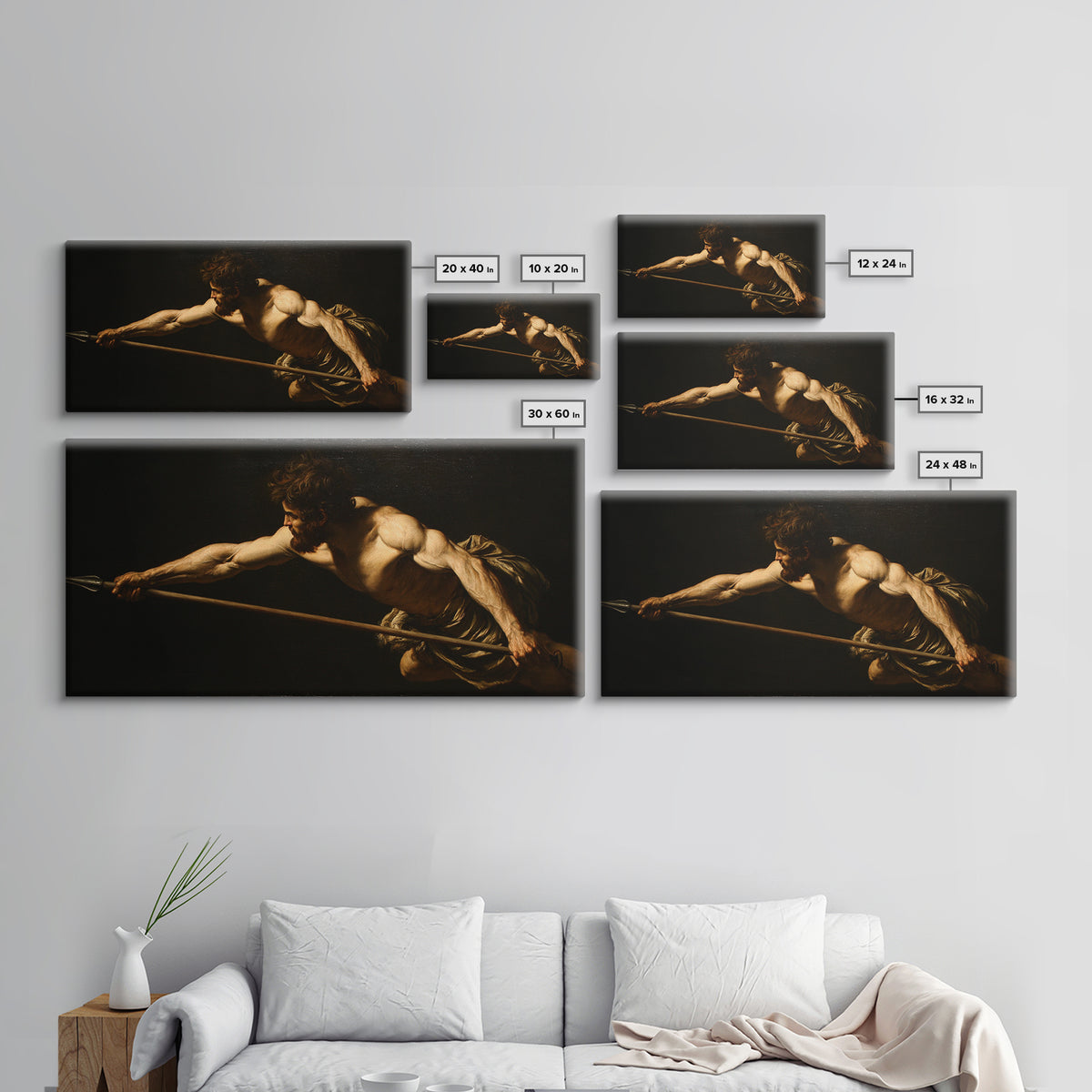 Muscular Warrior With Spear In Dramatic Shadow Wall Art, Baroque Classical Canvas, Dark Academia Decor, Mythology Art Print