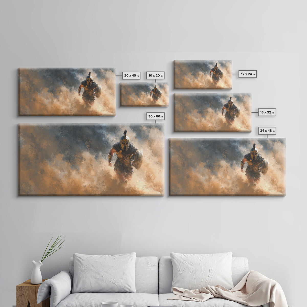 Armored Gladiator Charging Through Dust Framed Canvas Print, Roman Warrior Wall Art, Dramatic Man Cave Decor, Gift For Him