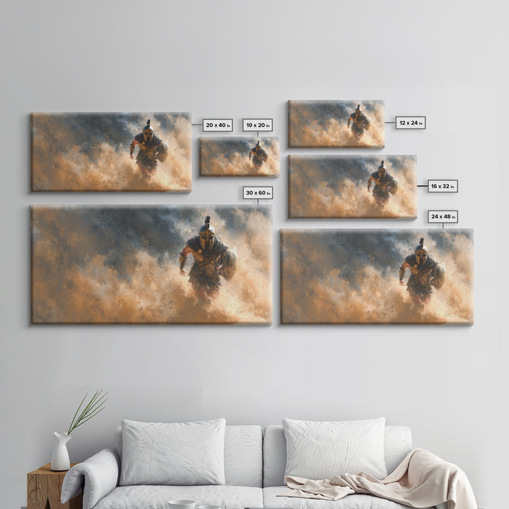 Armored Gladiator Charging Through Dust Framed Canvas Print, Roman Warrior Wall Art, Dramatic Man Cave Decor, Gift For Him