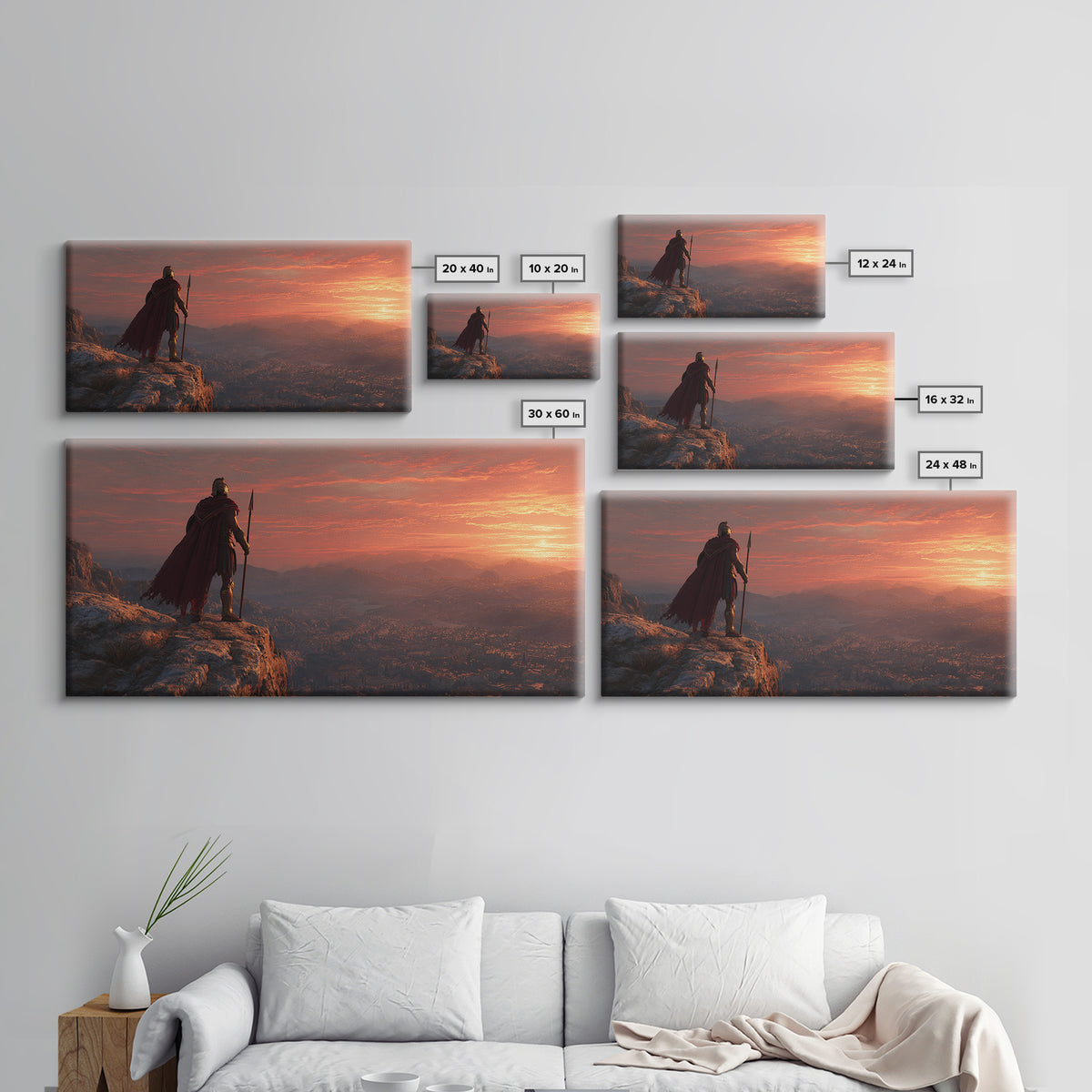 Epic Ancient Warrior Standing On Cliff Overlooking Valley Sunset Landscape Wall Art Modern Digital Painting Canvas Print For Office Decor