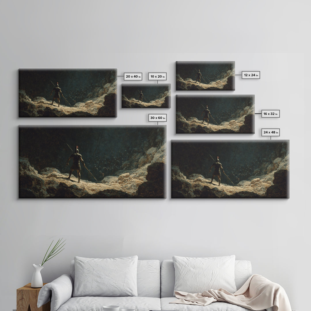 Lone Spear Warrior Facing Shadow Army Wall Art, Ancient Battle Canvas Print For Dark Fantasy Home Decor And Man Cave Office Decor