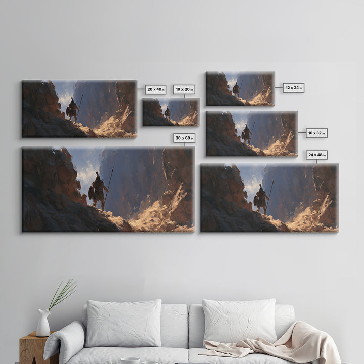 Lone Warrior In Mountain Canyon Framed Canvas Print, Fantasy Art, Mountain Wall Art, Rustic Decor, Gift For Him, Office Wall Art
