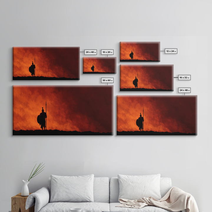 Lone Spear Warrior At Fiery Red Horizon Wall Art, Epic Fantasy Battle Canvas, Dark Warrior Decor, Man Cave Gift, Home Office Decor