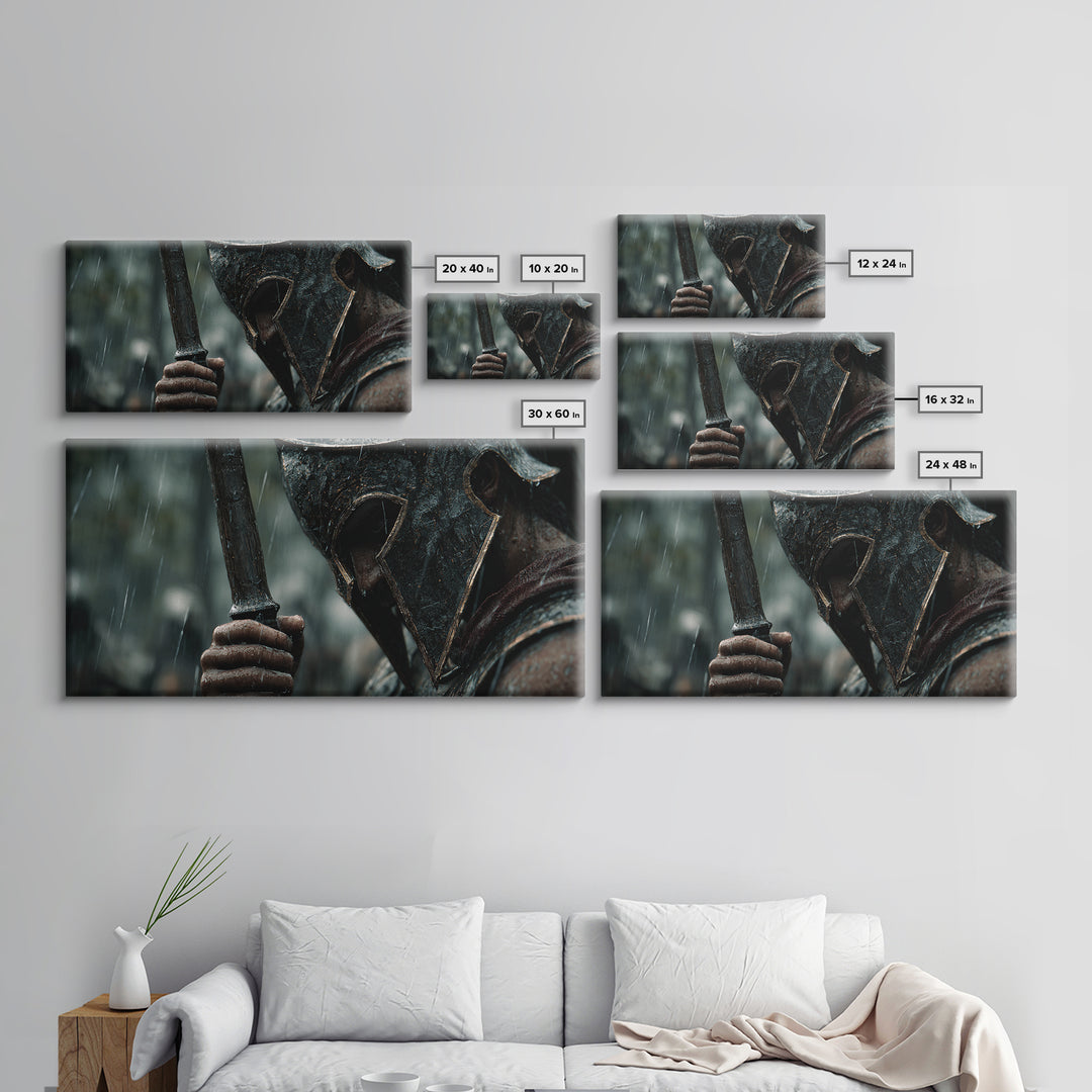 Rain Soaked Spartan Helmet And Axe Framed Canvas Print, Dark Warrior Wall Art, Ancient Battle Decor, Masculine Gift For Him