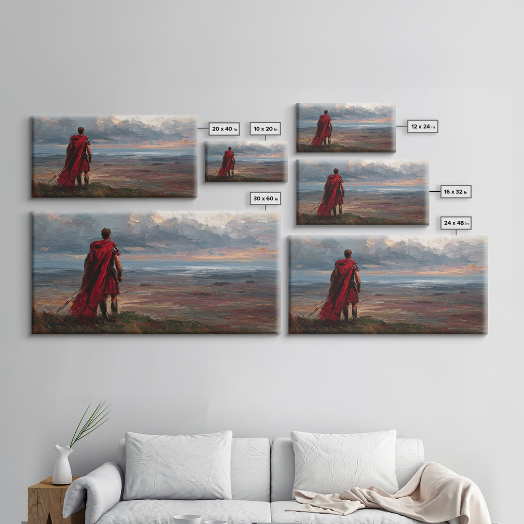 Red Cloaked Warrior Over Stormy Shore Wall Art, Epic Coastal Landscape Canvas Print, Fantasy Living Room Decor, Gift For Him