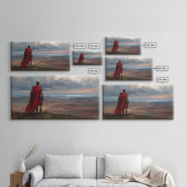 Red Cloaked Warrior Over Stormy Shore Wall Art, Epic Coastal Landscape Canvas Print, Fantasy Living Room Decor, Gift For Him