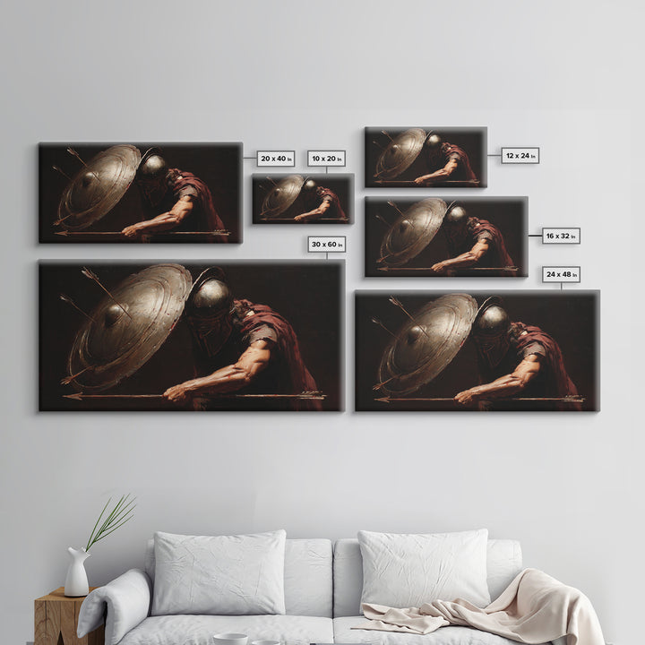 Armored Warrior With Shield And Spear Canvas Print, Dark Fantasy Wall Art, Medieval Battle Decor For Office Or Man Cave Gift