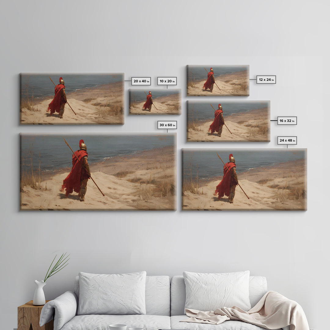 Lone Spartan Warrior On Shore Framed Canvas Print, Ancient Greek Wall Art, Historical Coastal Decor, Masculine Gift For Him