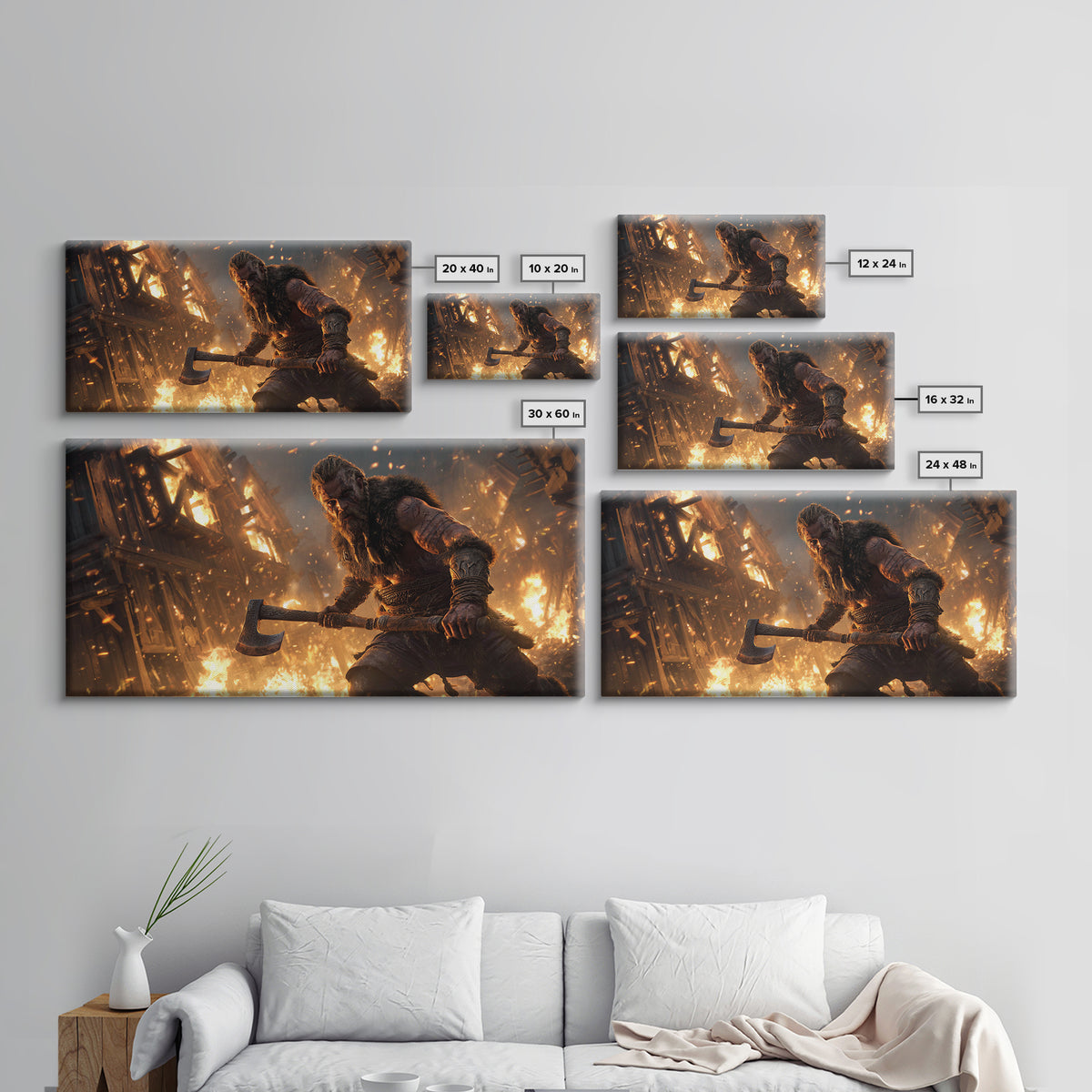 Fiery Viking Warrior Holding Axe Against Burning Village Background Canvas Print For Rustic Home Decor And Office Art