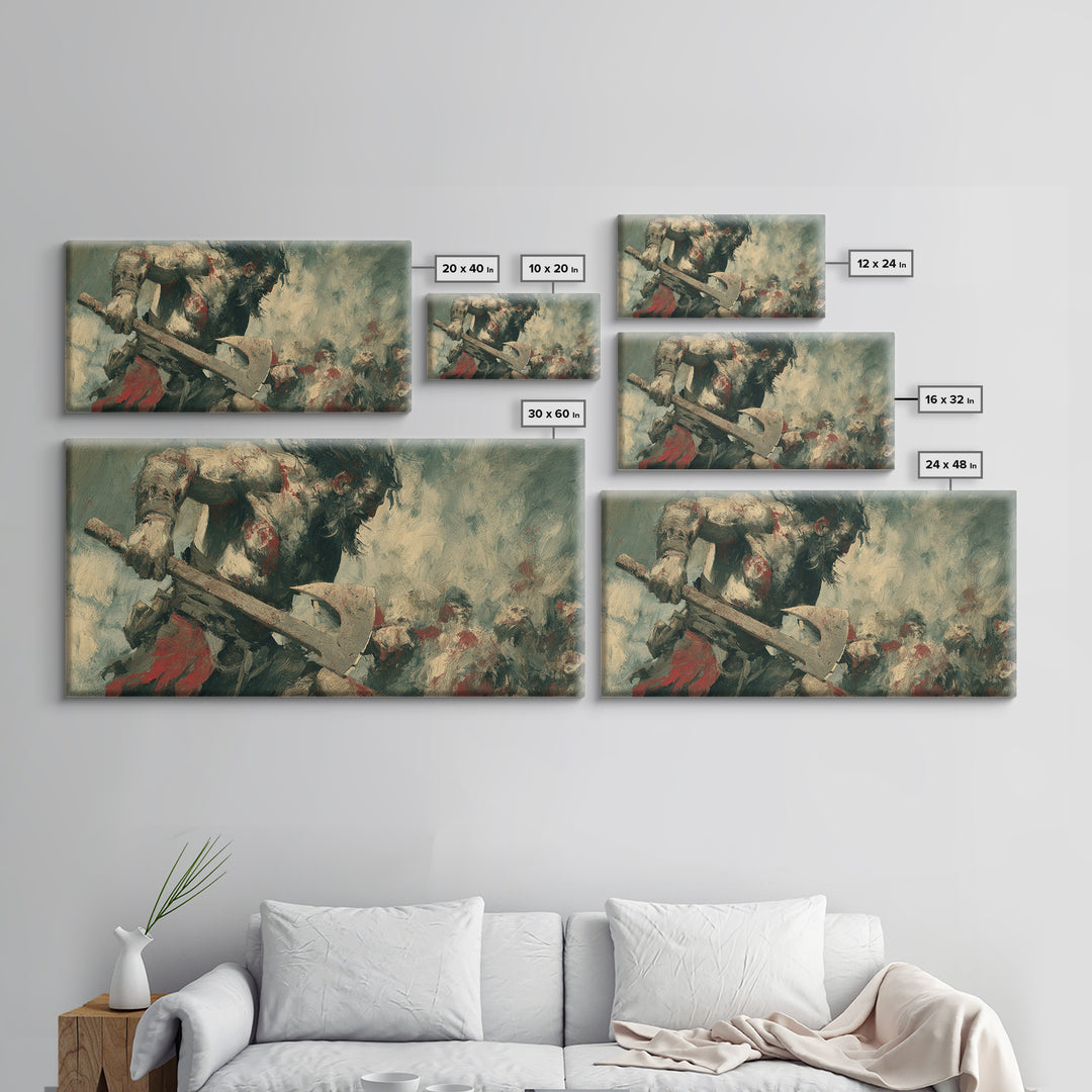 Bloodied Axe Warrior In Chaotic Battle Wall Art, Viking Fantasy Painting, Dark Medieval Canvas Decor For Man Cave Gift For Him