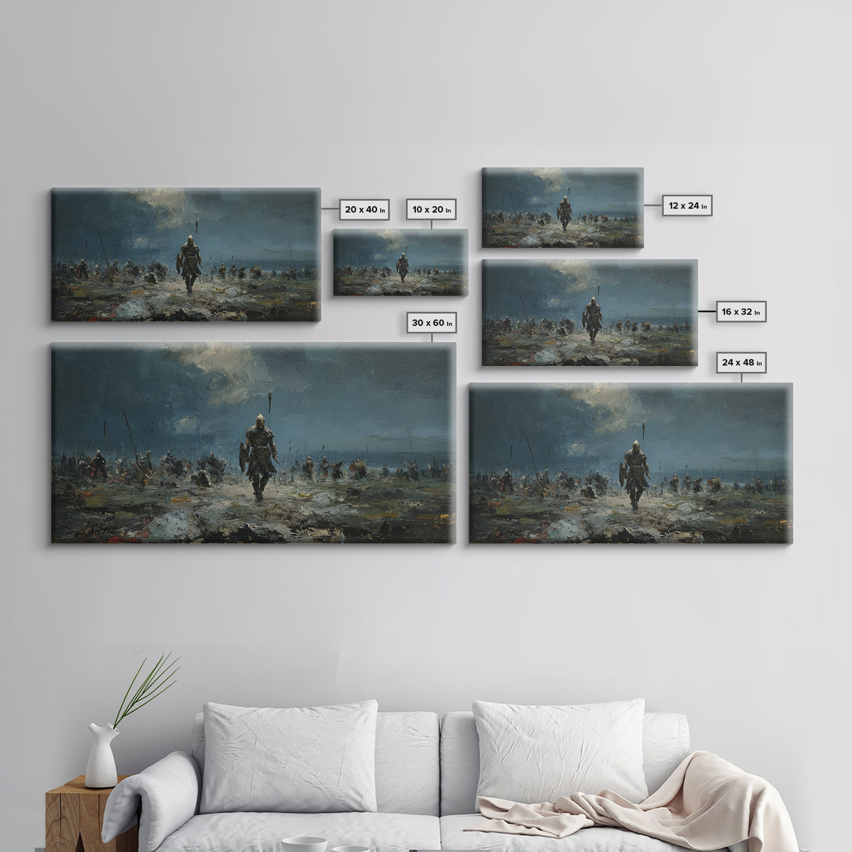 Warrior Leading Army Through Rain Canvas Print Dark Battlefield Wall Art, Epic Historical Decor For Masculine Home Office