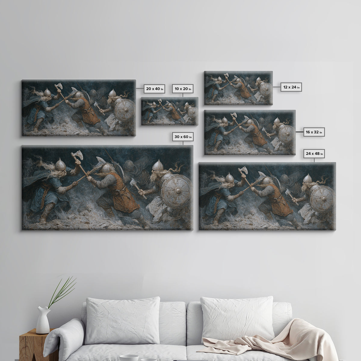 Medieval Warriors In Snowy Clash Framed Canvas Print, Viking Battle Wall Art, Dark Fantasy Man Cave Home Decor, Gift For Him