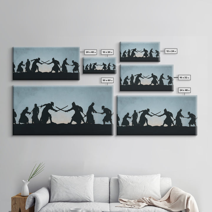 Silhouetted Sword Fighters Wall Art, Minimalist Warrior Battle Print, Black And White Decor, Fantasy Office Art Gift For Him