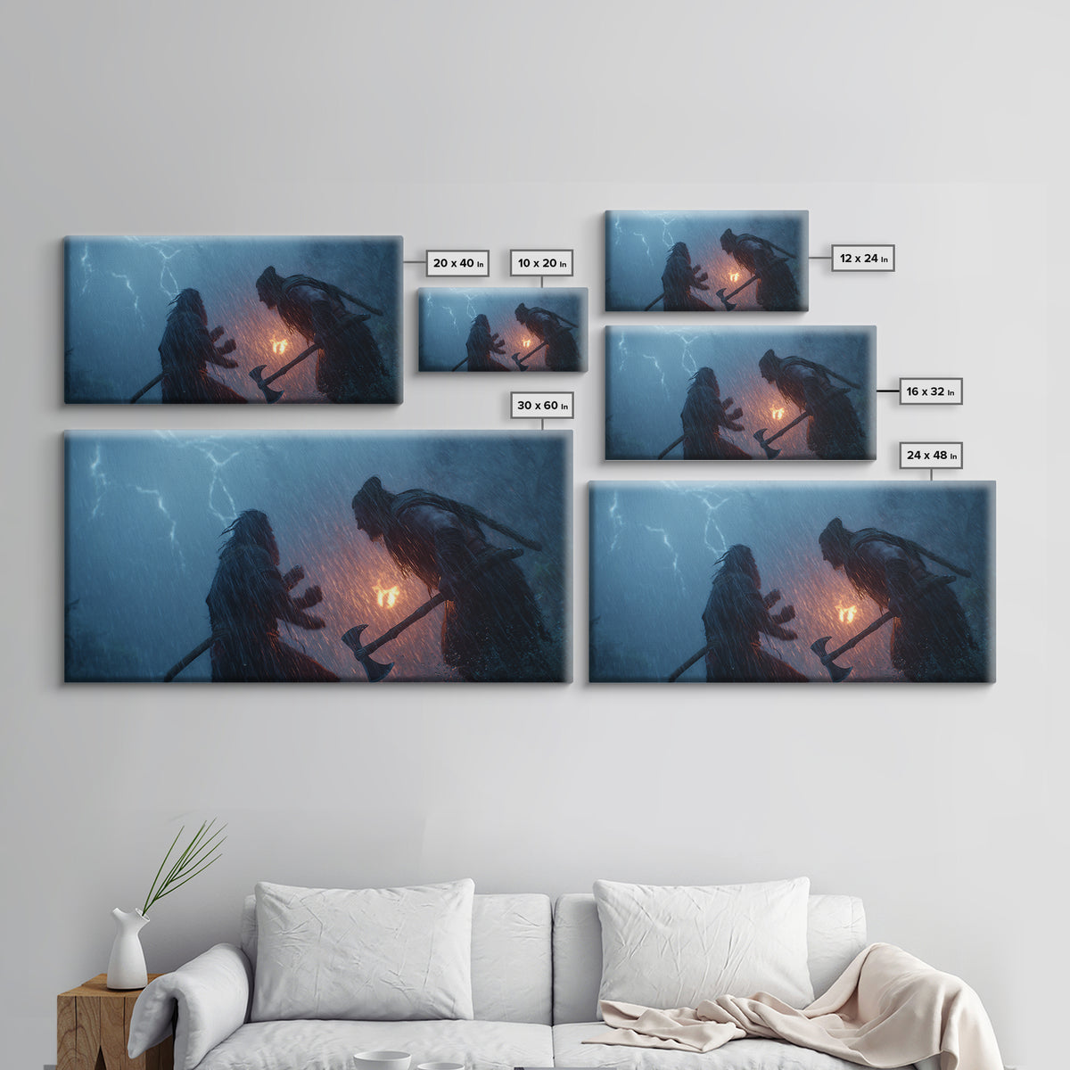Two Viking Warriors In Lightning Storm Canvas Print, Dark Fantasy Wall Art, Norse Mythology Decor, Dramatic Battle Poster