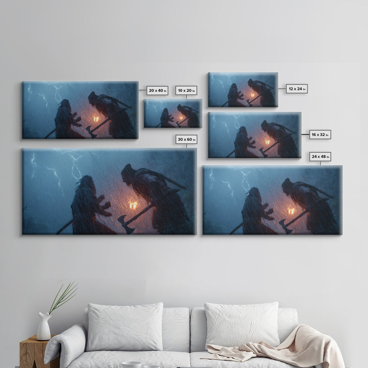 Two Viking Warriors In Lightning Storm Canvas Print, Dark Fantasy Wall Art, Norse Mythology Decor, Dramatic Battle Poster