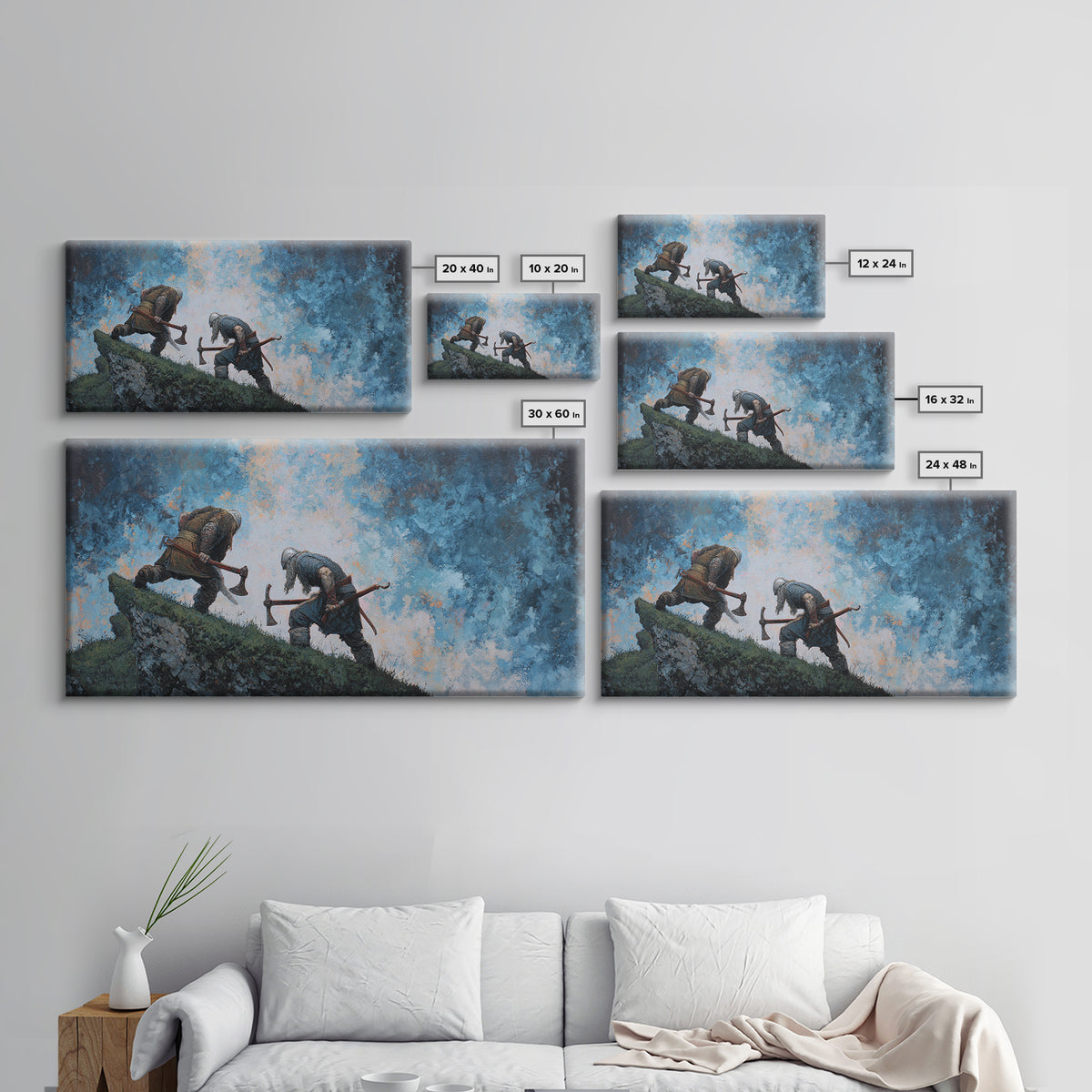 Two Axe Warriors Climbing Stormy Ridge Framed Canvas Print, Viking Battle Wall Art, Dark Fantasy Office Decor Gift, Medieval Art Print