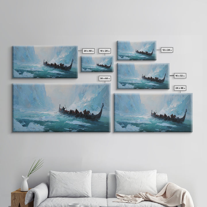 Icy Viking Longship On Turquoise Fjord Canvas Print, Nordic Seascape Wall Decor, Coastal Adventure Art, Gift For Him, Home Decor