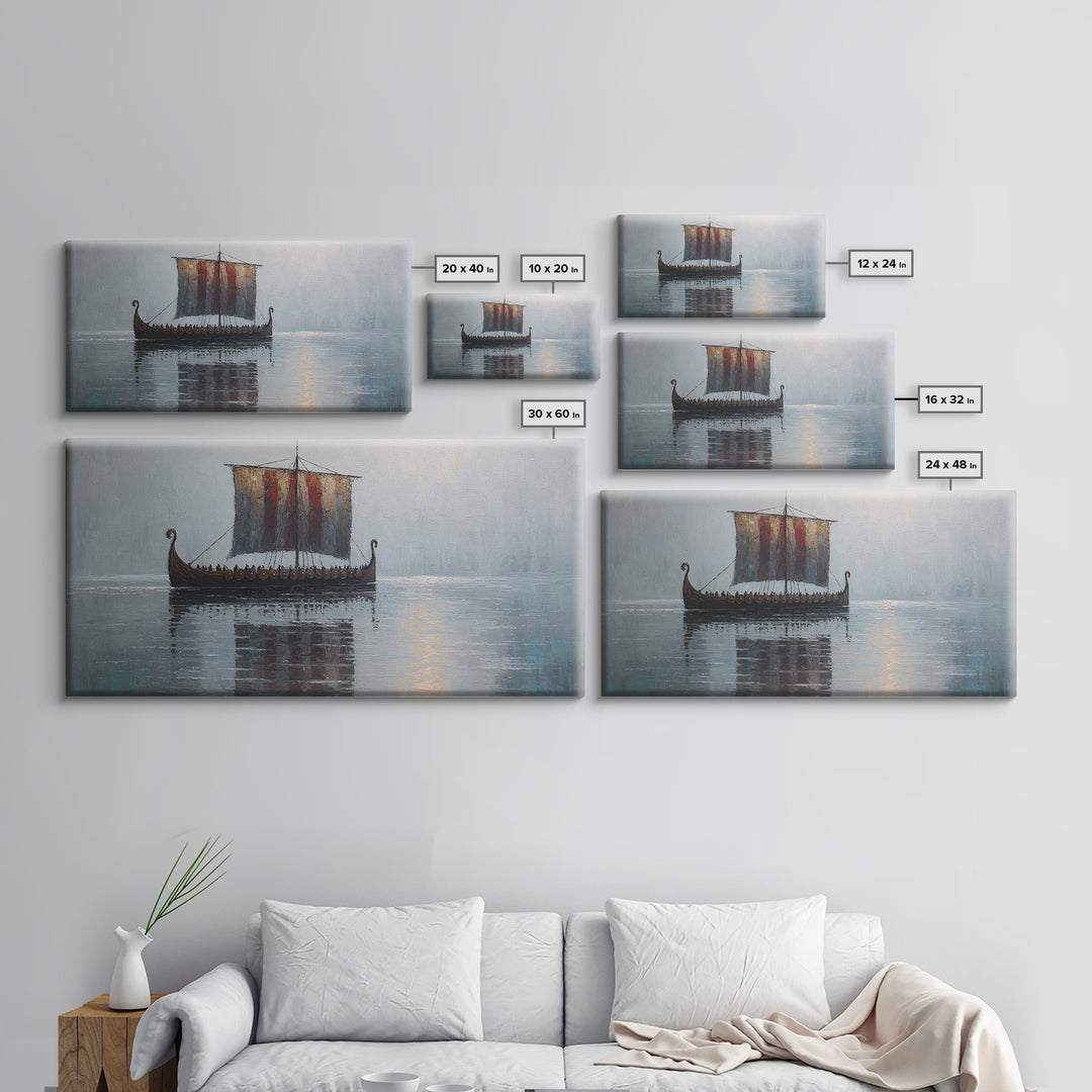 Viking Longship In Misty Water Canvas Print, Nautical Wall Art, Norse Seascape Painting, Coastal Decor For Living Room Art