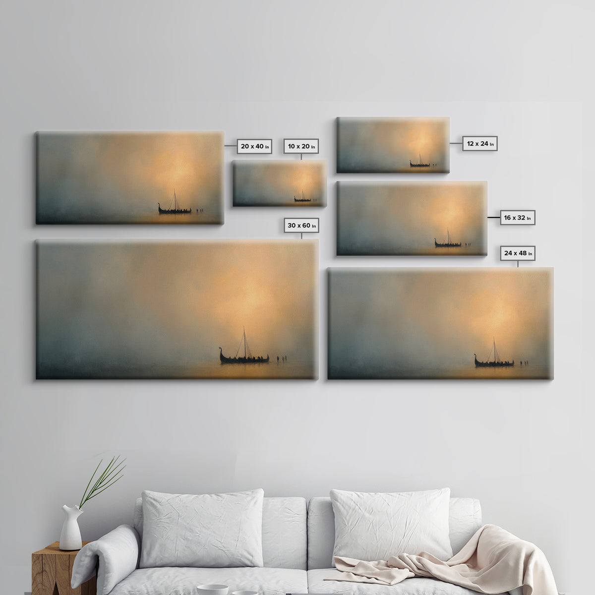 Misty Viking Ship At Golden Fog Canvas Print, Nordic Seascape Wall Decor, Minimalist Coastal Art, Calming Home Decor, Above Sofa Art