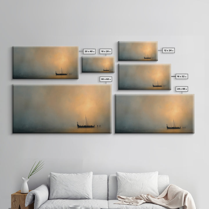 Misty Viking Ship At Golden Fog Canvas Print, Nordic Seascape Wall Decor, Minimalist Coastal Art, Calming Home Decor, Above Sofa Art