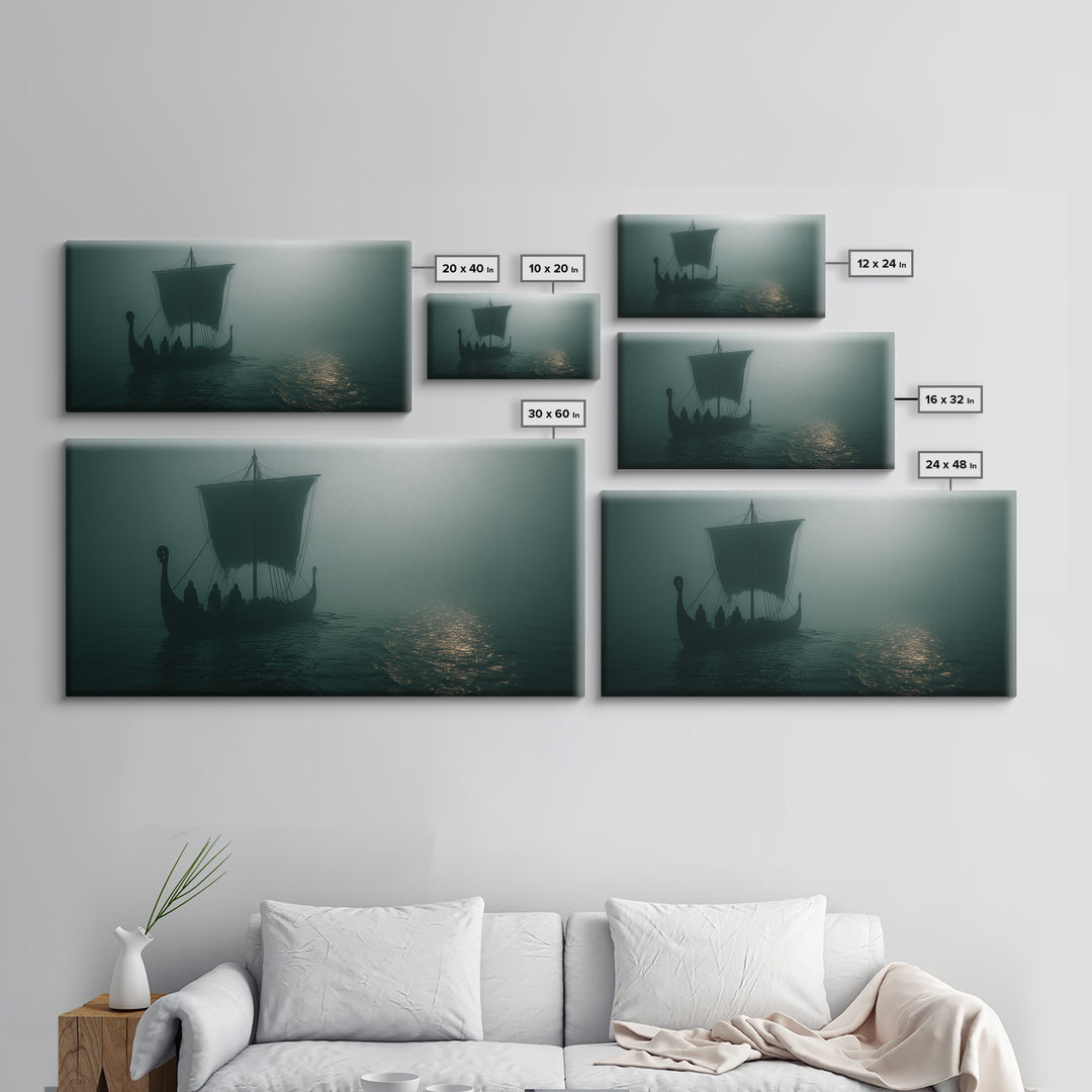 Foggy Viking Longship On Silent Water Wall Art, Nautical Art, Moody Wall Art, Scandinavian Decor, Living Room Decor, Office Decor
